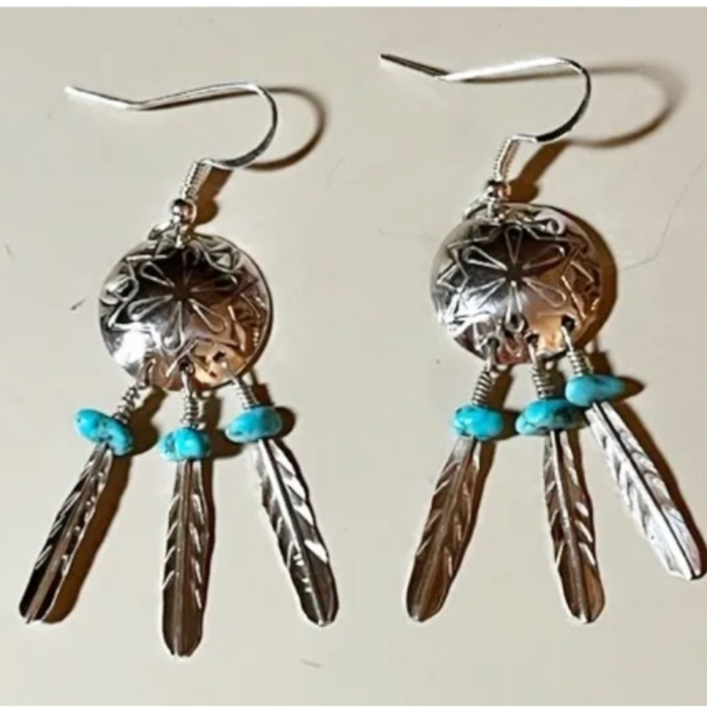 SHIELD EARRINGS WITH FEATHERS & TURQUOISE – NAVAJO